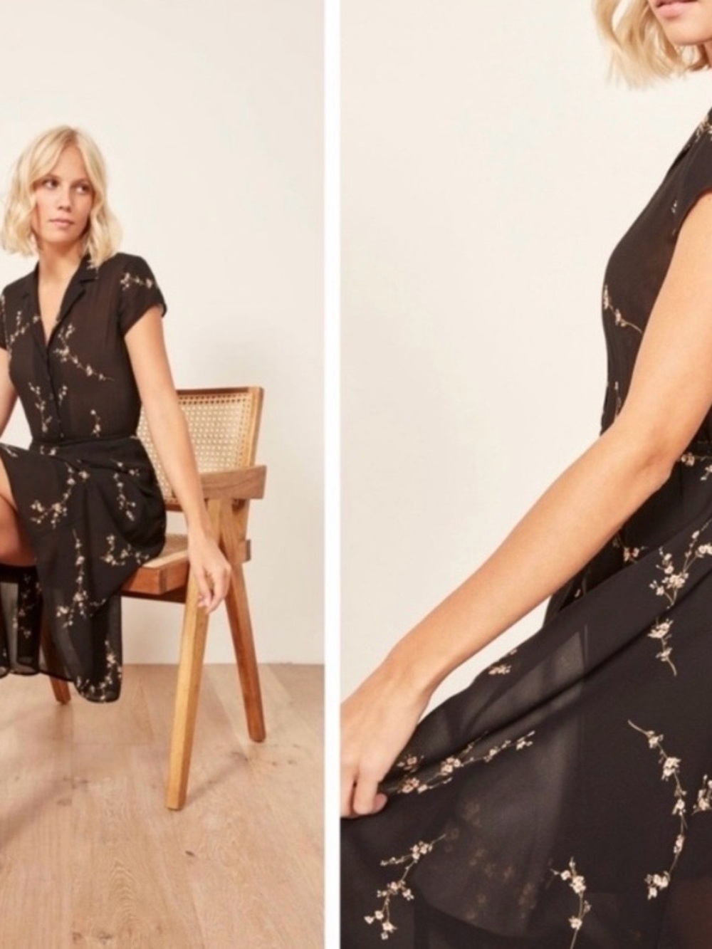Reformation Floral Button-Front Short-Sleeve Black Dress